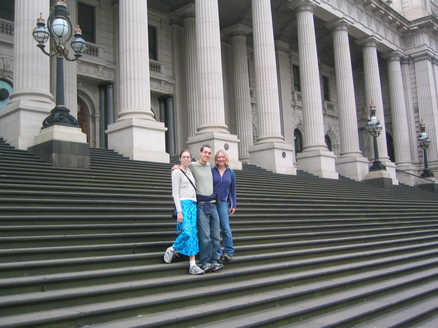 The Troup standing in front of the old Parliament building, our second day in Melbourne.  Take a good look because it turns out this is the only photo we got with all three of us in it!