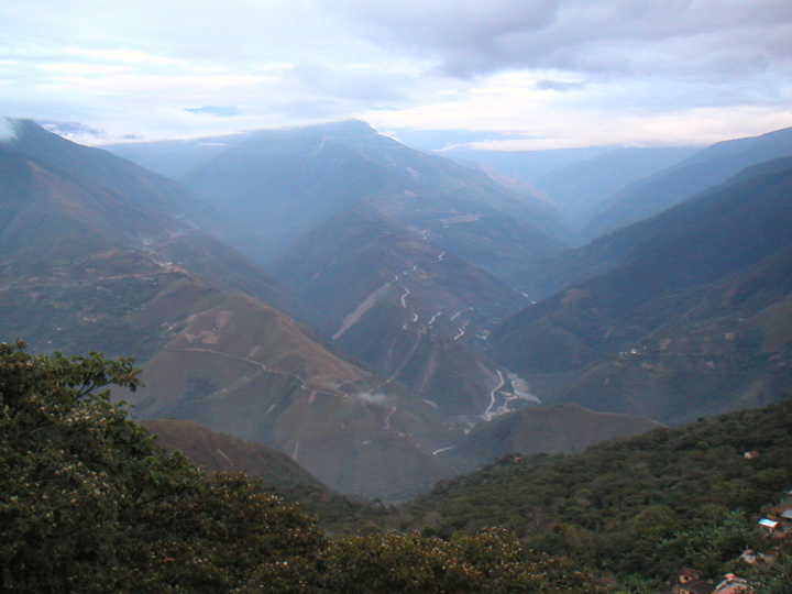 The mountains around Coroico in the early morning; the road winding to the left is the WMDR that we biked down