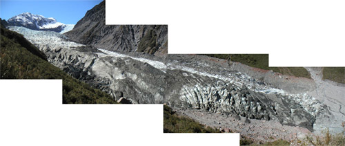 And looking forward at the glacier itself, here is the very first *diagonal panorama*. Oh, baby.  It never would have occurred to me to try a diagonal panorama, except that the situation was just calling out for one.
