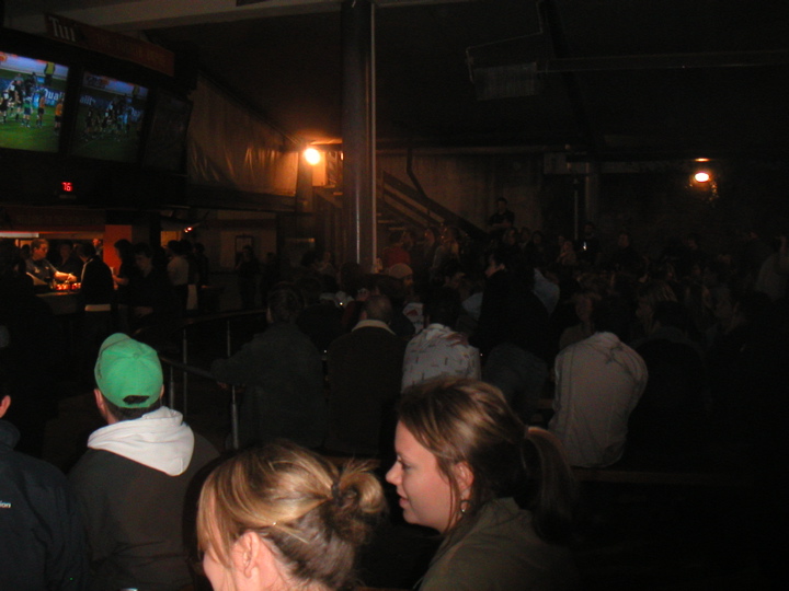 The past two weekends, my flatmates and I have been going to a local bar where everyone watches the New Zealand All Blacks rugby game on TV.  In case I haven't yet mentioned it, Kiwis are fairly obsessed with their rugby teams -- apparently a few years ago after a devastating loss in the finals, the entire economy went into recession for several months!
