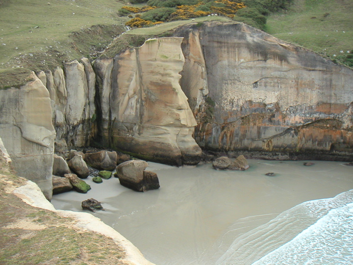Tunnel Beach from above.  Soo cool-looking.  The erosion is very angular - apparently this is called "jointing".