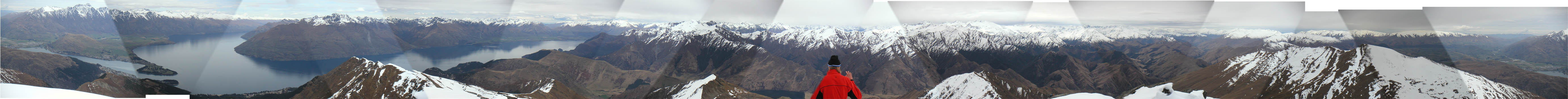 After some doubt and tension, and some guidance from more experienced climbers, we reached the summit!  Here is the awesome 360-degree view from the top!  Queenstown is at the left, followed by the lake, the Remarkables, and a guy from Sweden.  Gotta love random guys from Sweden popping up in your panorama photos...