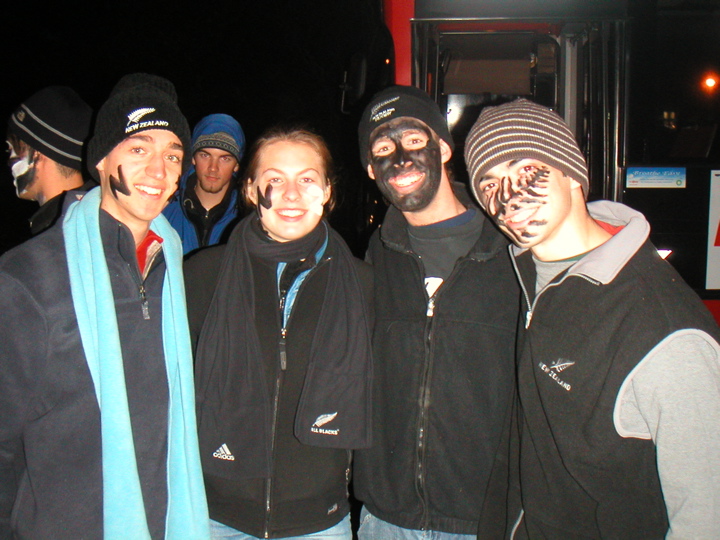 In preparation for attending the rugby game that night, we dressed up to show our full NZ All Blacks support.  Next to me is my flatmate Tenley, her friend Karl whose flat we stayed at, and Karl's friend... uh let's call him Fernface for now.  I have "N Z" on my face if you couldn't tell.  Also note the many layers of clothing visible around my neck... this has essentially been my garb for weeks now.