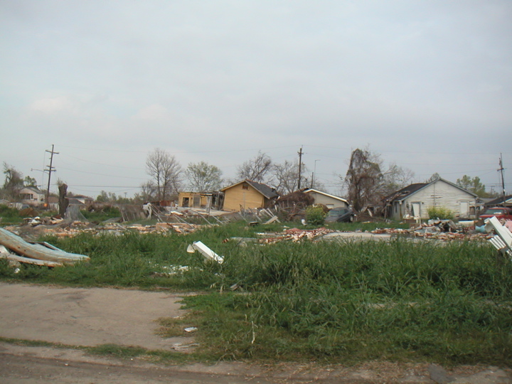 By contrast, in the poor neighborhoods near the levies that broke, entire fields lay clear of houses that had been lifted up off their foundations by a surge of water and carried back against houses farther away