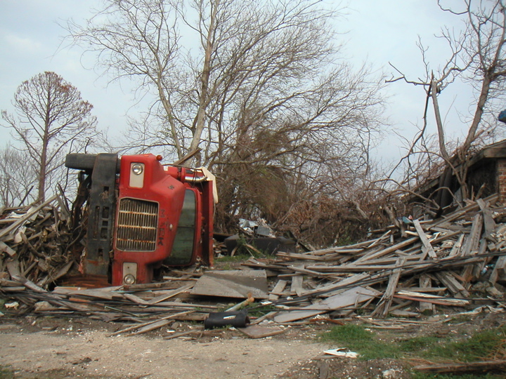 Trucks lay on their sides