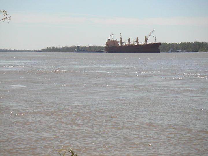 A ship unloads across the river