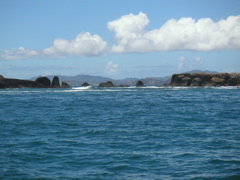 Lots of rocky islands and waves crashing...
