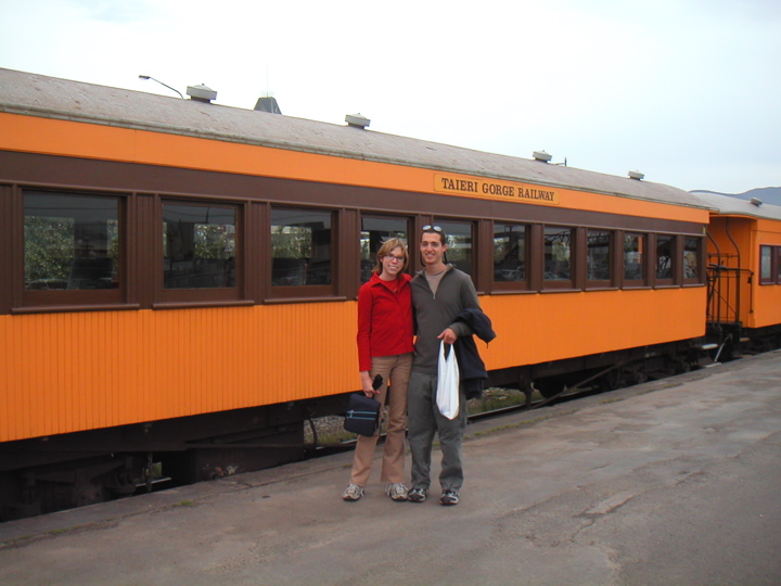 After my first exam, I went on a 4-day bike trip with Hilary on the Central Otago Rail Trail.  To start the trip we took the Taieri Gorge Railway to near the start of the rail trail (which used to be the continuation of this very train line).